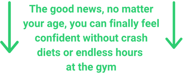 Green text with two downward arrows promising confidence without crash diets or endless hours at the gym.