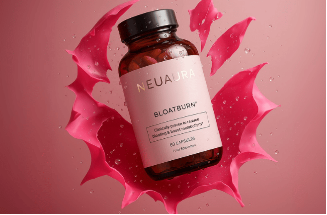 Brown bottle labeled 'Metabolic+' with pink splash background and water droplets.