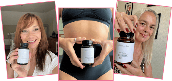 Three people holding bottles of Kyra Metabolic+ supplements.