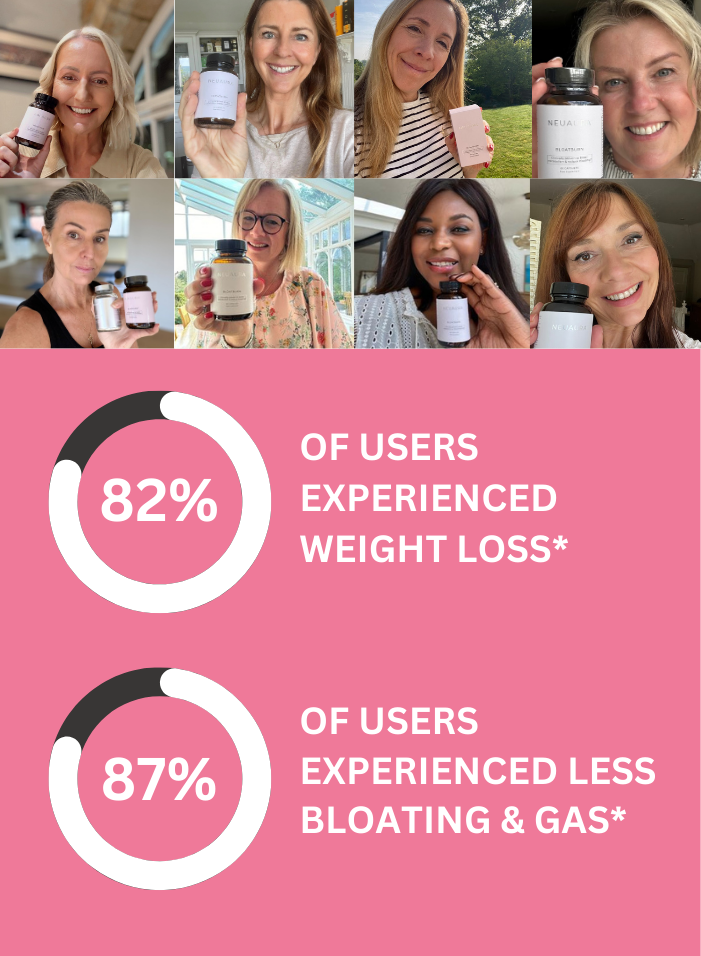 People holding supplement bottles with user experience statistics on weight loss and reduced bloating.