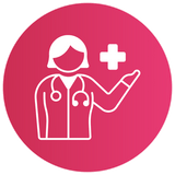 Icon of a doctor with a stethoscope and medical cross on pink background.