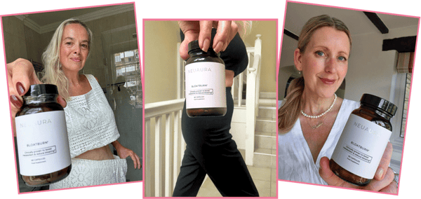 Three people holding bottles labeled 'NEU ULTRA Metabolic+T.'
