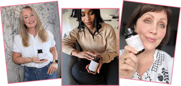 Three women holding Kyra Metabolic+ supplement bottles in different settings.