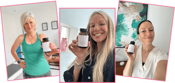 Three women holding bottles of a product in separate portrait frames.