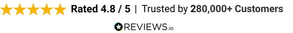 Graphic showing five stars, rated 4.8/5, trusted by 280,000+ customers, with the REVIEWS.io logo.